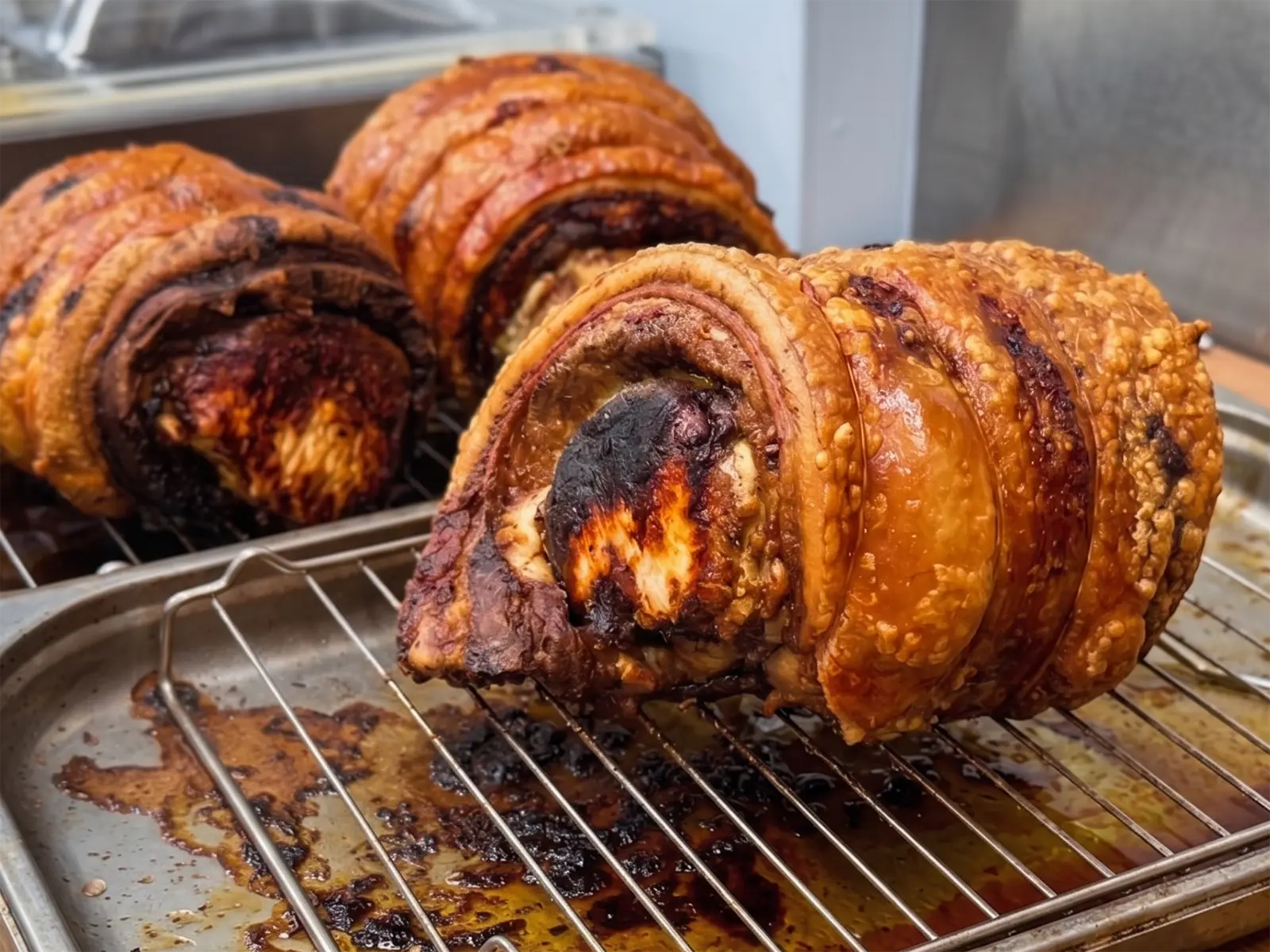 Whole porchetta roasts resting on a rack, crackling skin glazed and golden