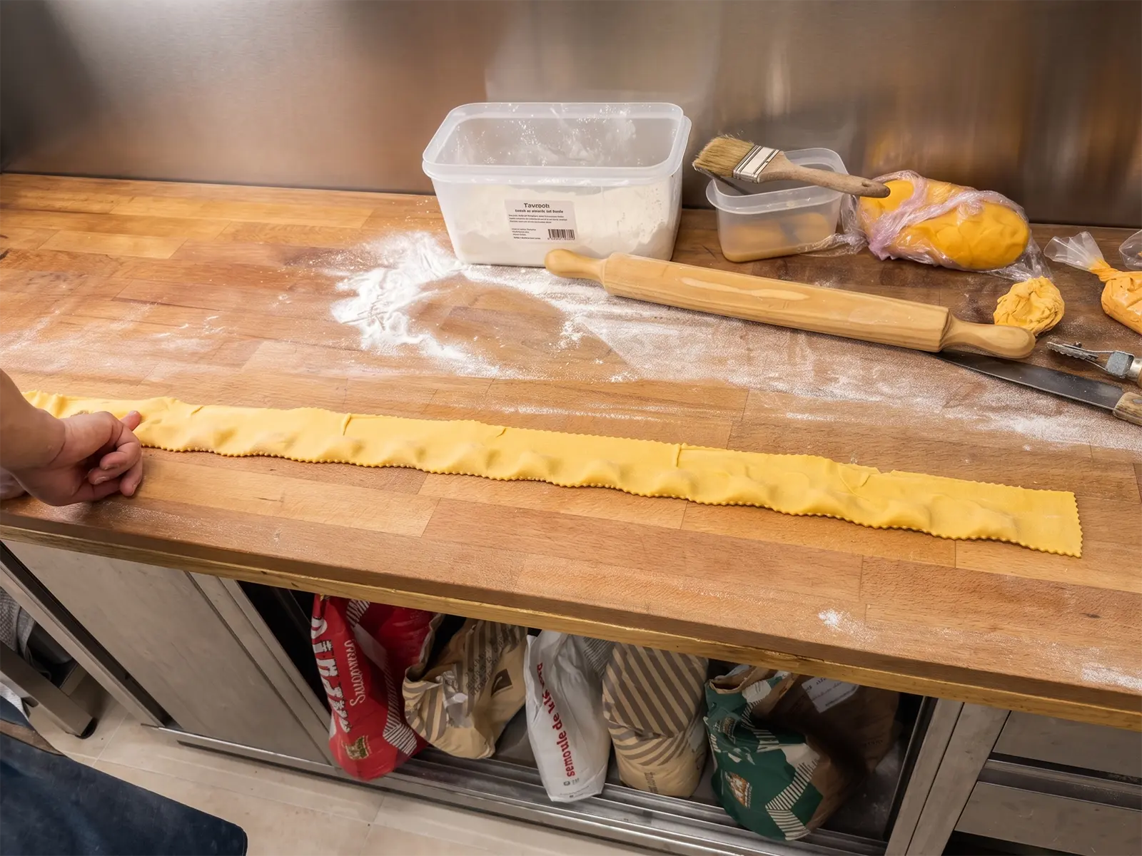Fresh pasta being hand-rolled on a wooden bench