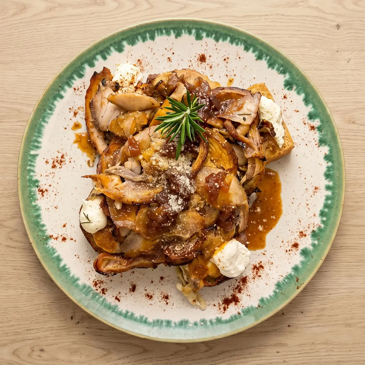 Plated porchetta with mushrooms and caramelised onion jam